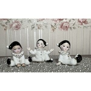 THREE BABY PIERROT FIGURINES VTG LEFTON BONE CHINA CERAMIC CLOWN CHILD